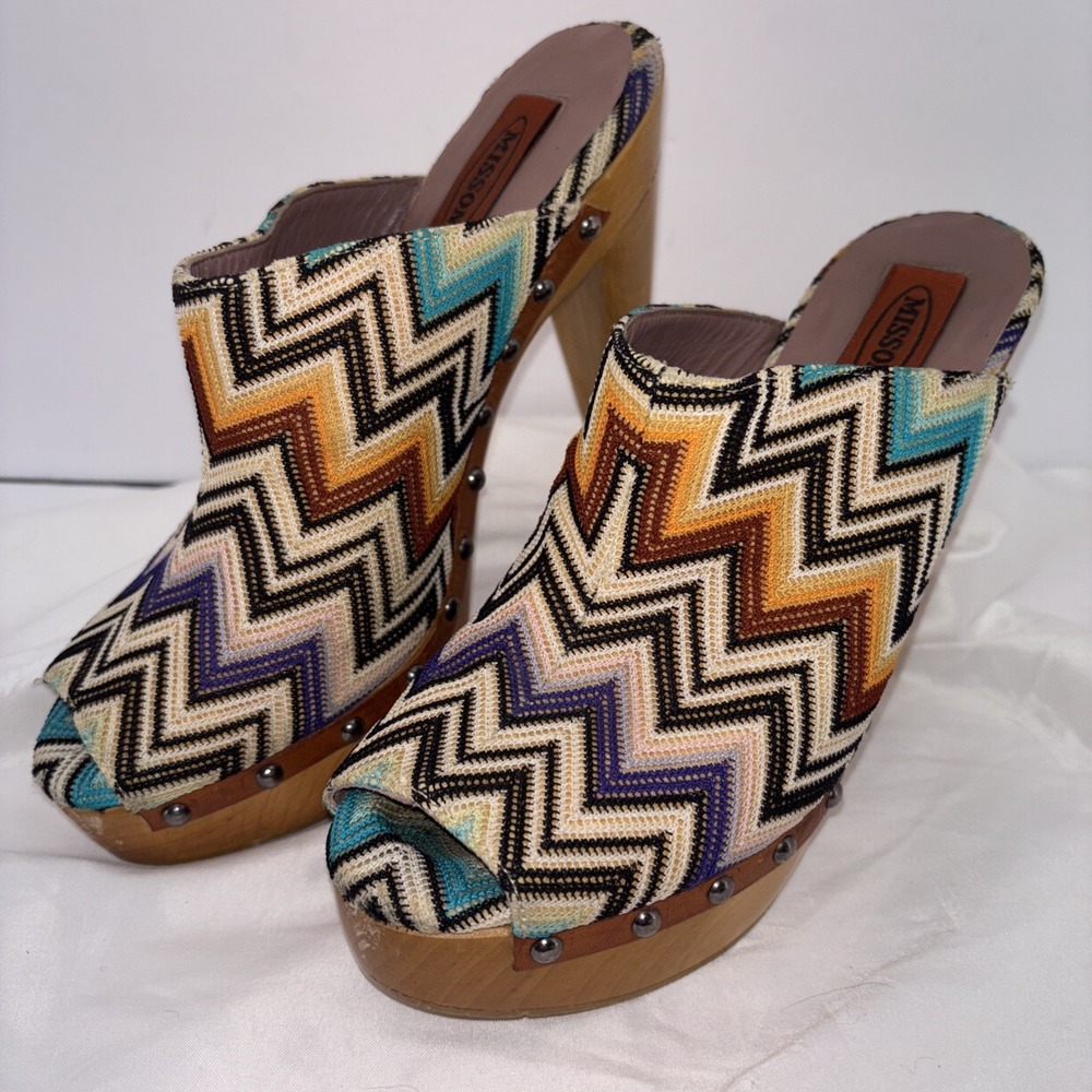 Missoni Multicolor Chevron Knit Fabric Wood Platform PEEP TOE Clogs Size 38 Rare